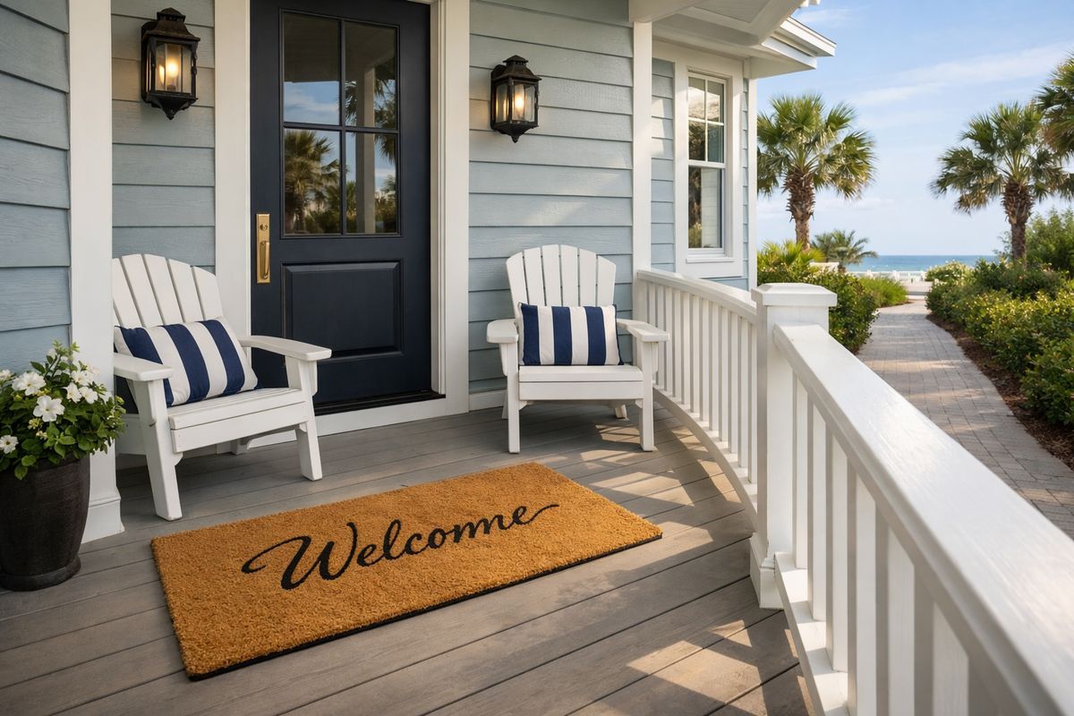 The front entry of a coastal rental with a swept porch, clean doormat, neatly placed outdoor chairs, a wiped railing, and a tidy walkway free of sand and debris