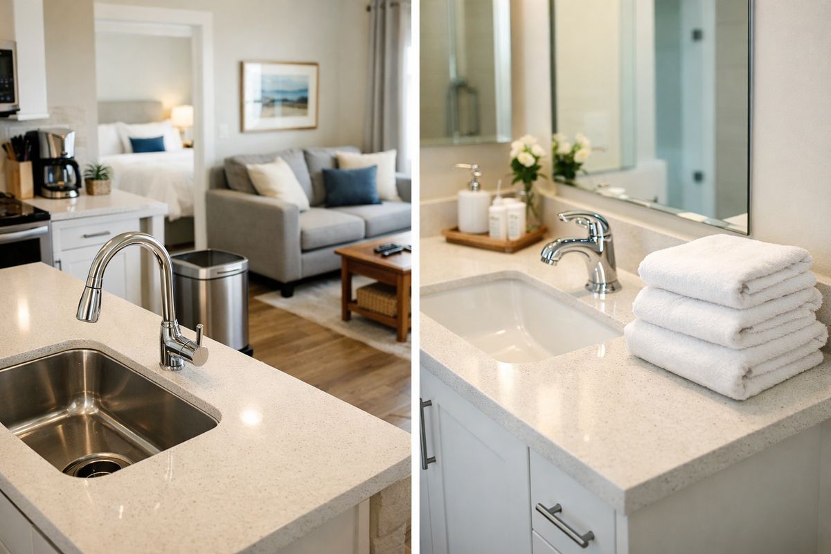 A bright short-term rental kitchen and bathroom shown in a clean reset state, with freshly made beds in the background, folded white towels on the bathroom counter, a sparkling sink and faucet, wiped countertops, an emptied trash bin, and neatly arranged living room cushions and remote controls.