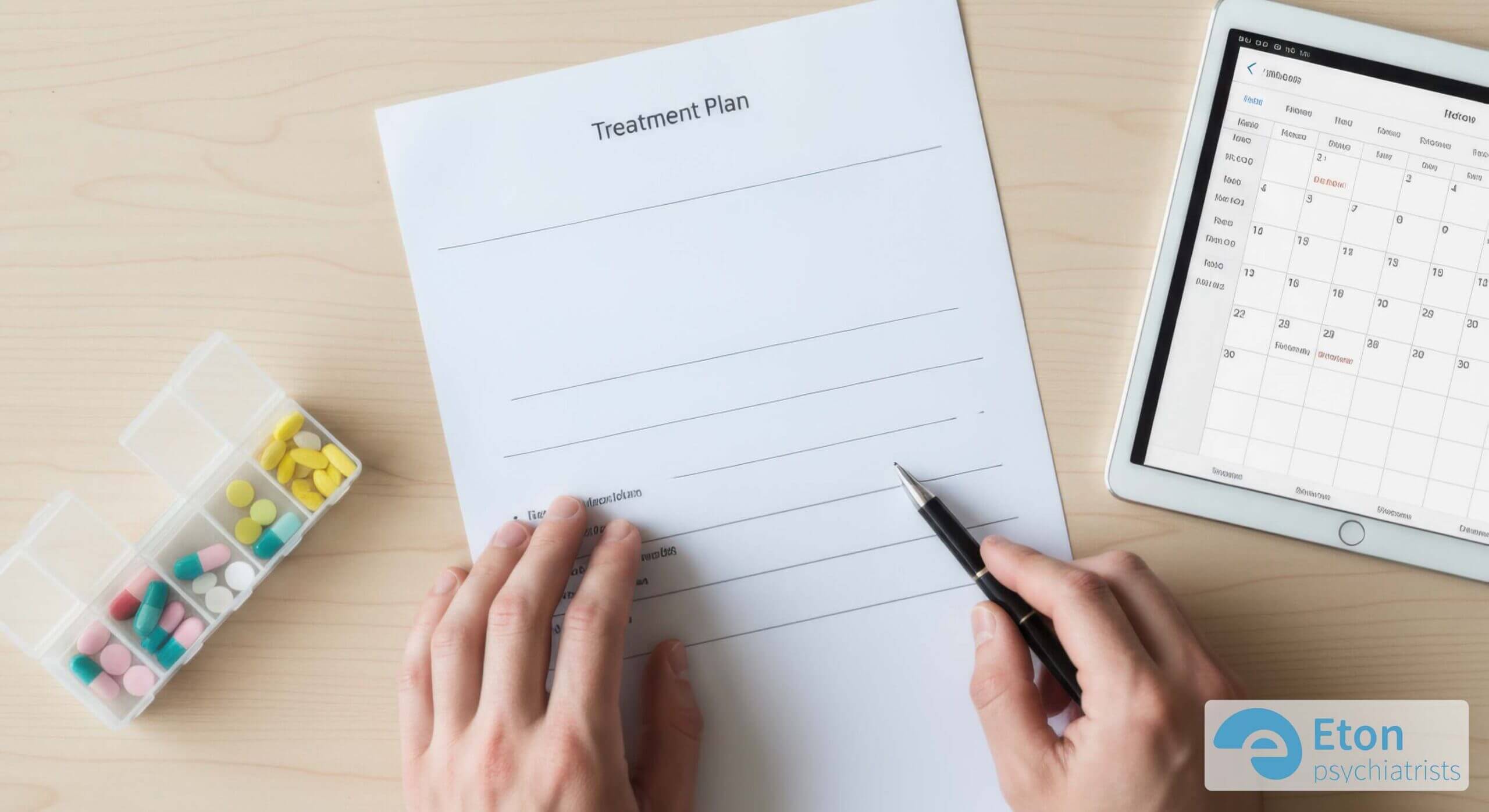 Clinician's hands gently placing an assessment guide folder on a desk for a patient, symbolizing a trustworthy start to the ADHD assessment process.