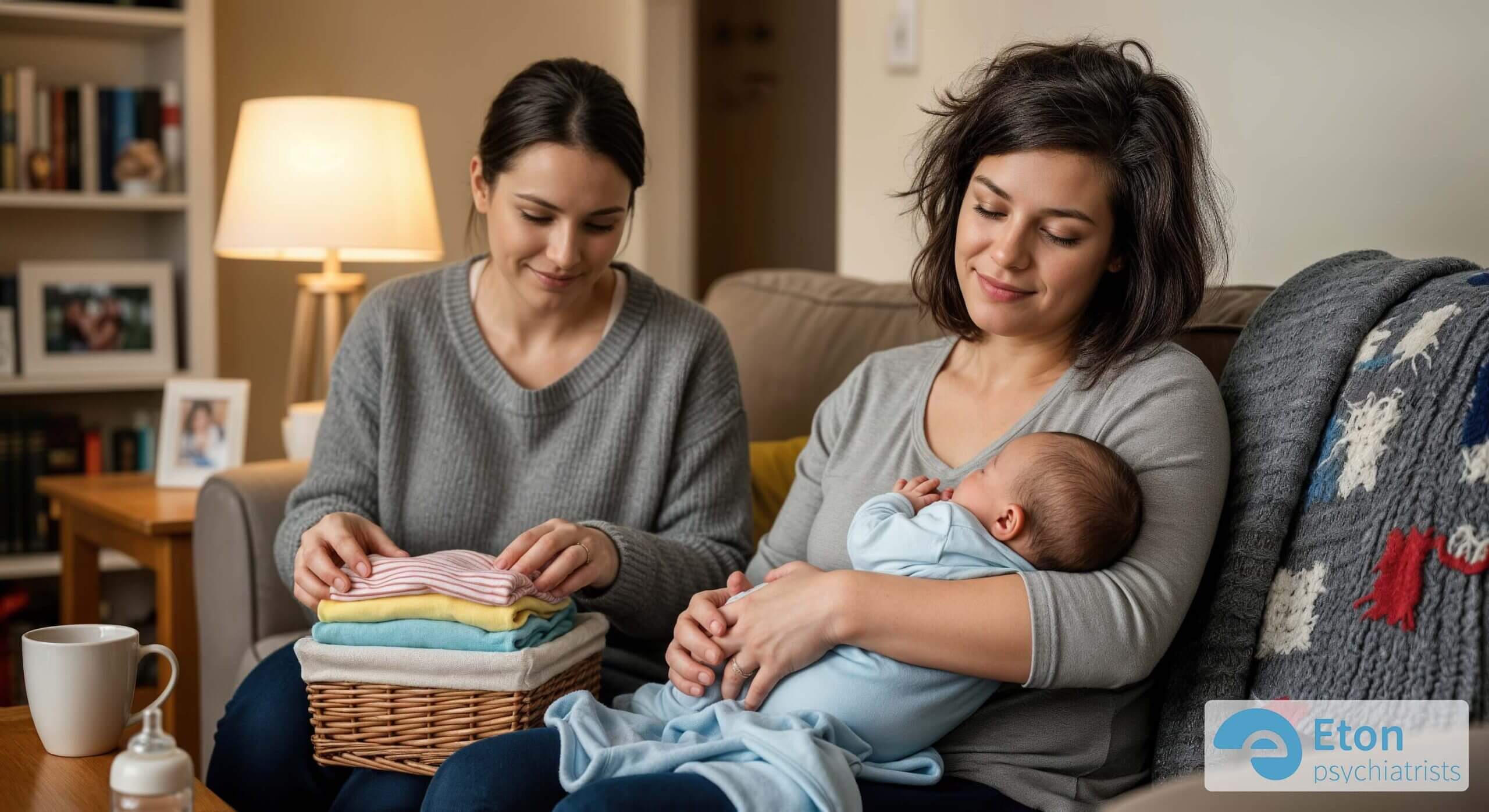 A new mother holds her baby while a friend or partner provides support by folding clothes, representing a strong support system.