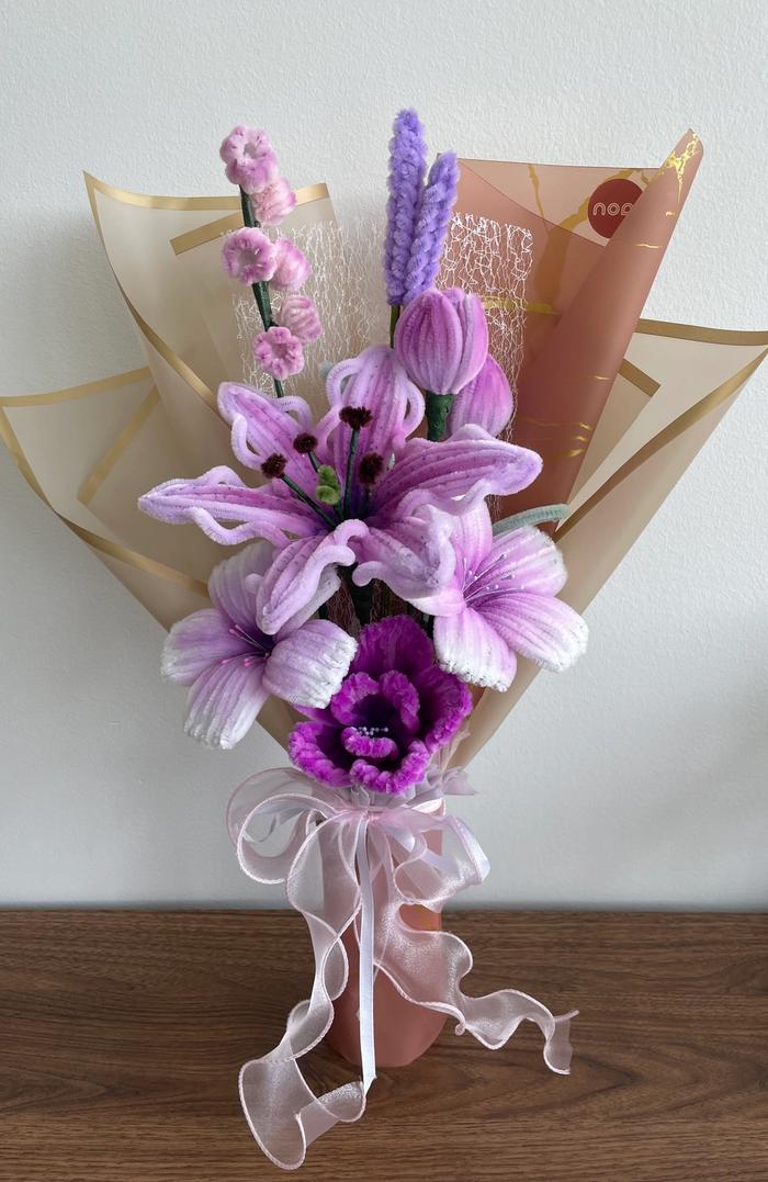 Handmade pipecleaner bouquet in lilac and violet tones