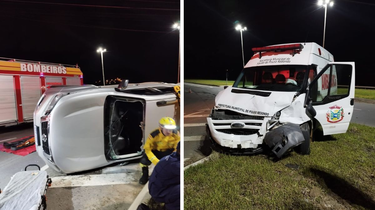 Colisão entre caminhonete e ambulância termina com tombamento no trevo de Laurentino