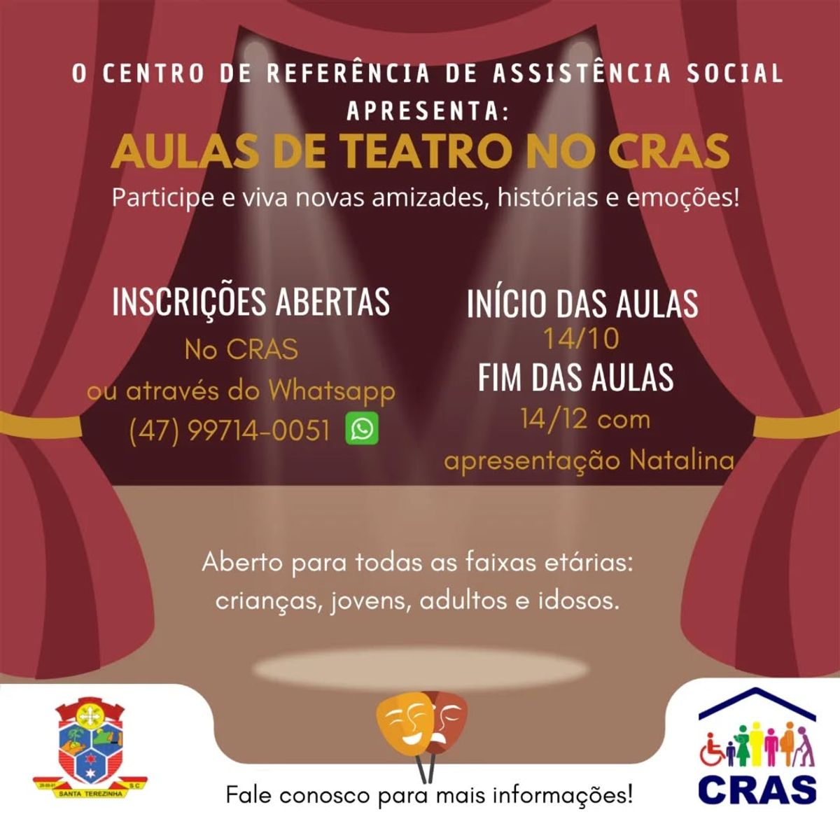 CRAS de Santa Terezinha está com inscrições abertas para aulas de teatro
