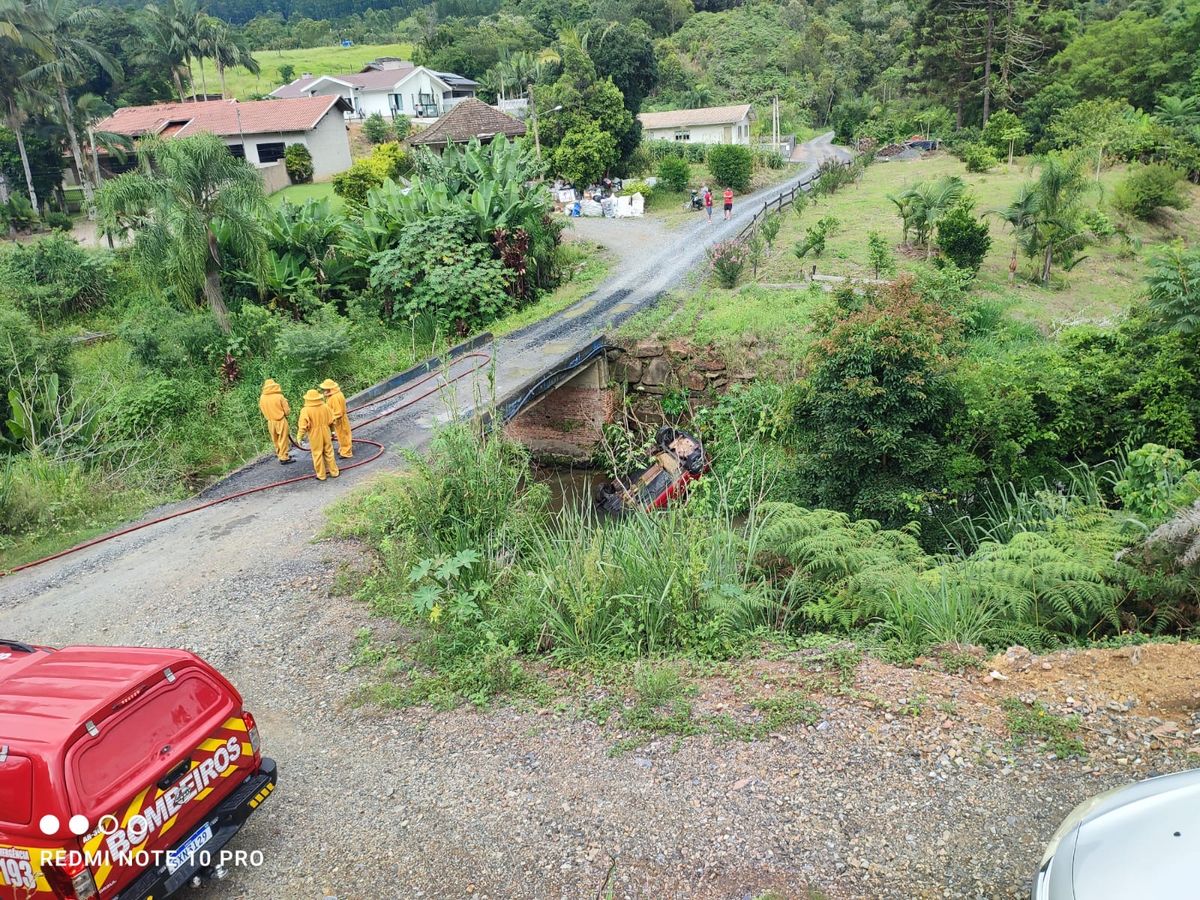 Motorista perde o controle e cai de ponte após ataque de abelhas em Rio do Sul