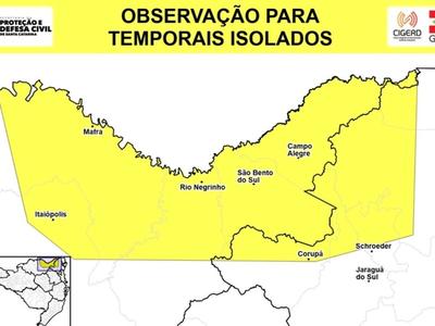 Defesa Civil emite alerta para temporais no Norte de Santa Catarina