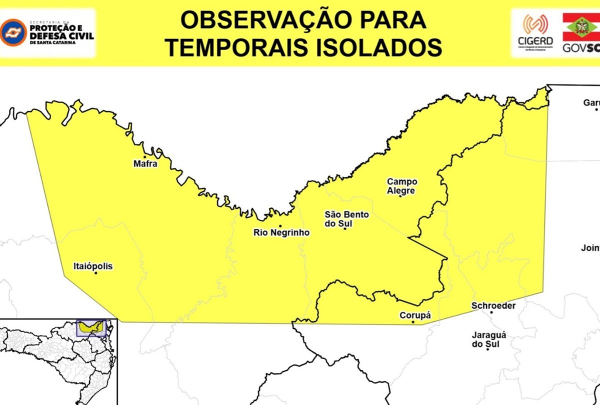 Defesa Civil emite alerta para temporais no Norte de Santa Catarina