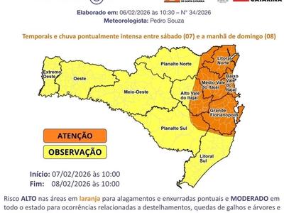 Defesa Civil emite alerta para temporais e chuva intensa em SC entre sábado e domingo