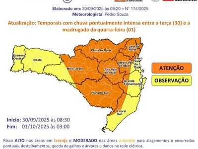 Defesa Civil alerta para risco de temporais em todo o estado nesta terça-feira