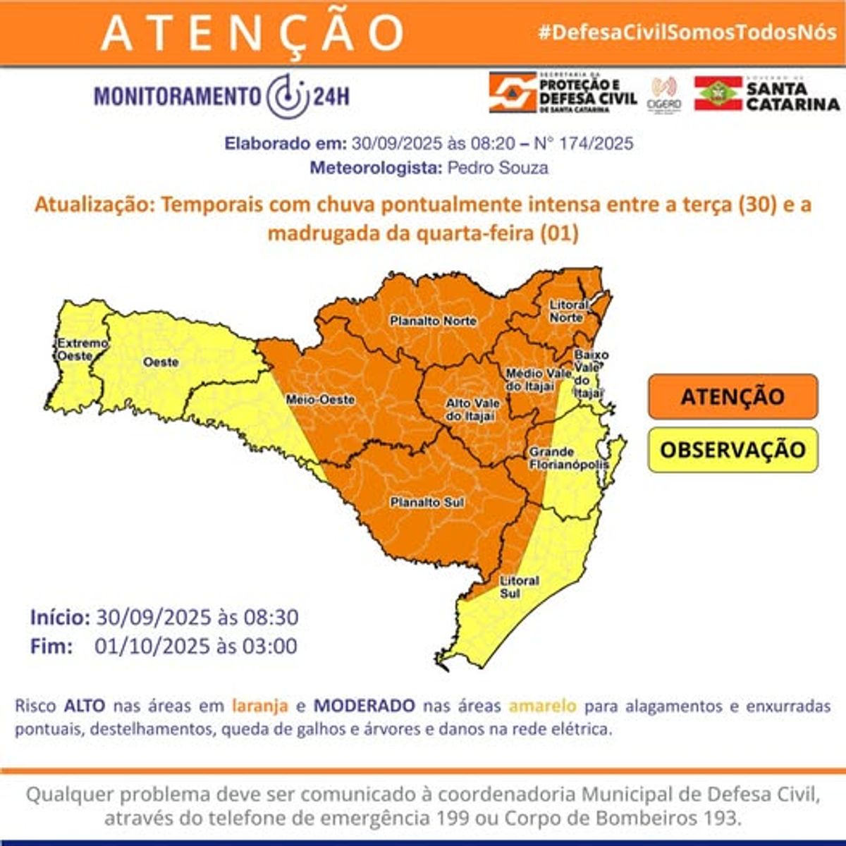 Defesa Civil alerta para risco de temporais em todo o estado nesta terça-feira