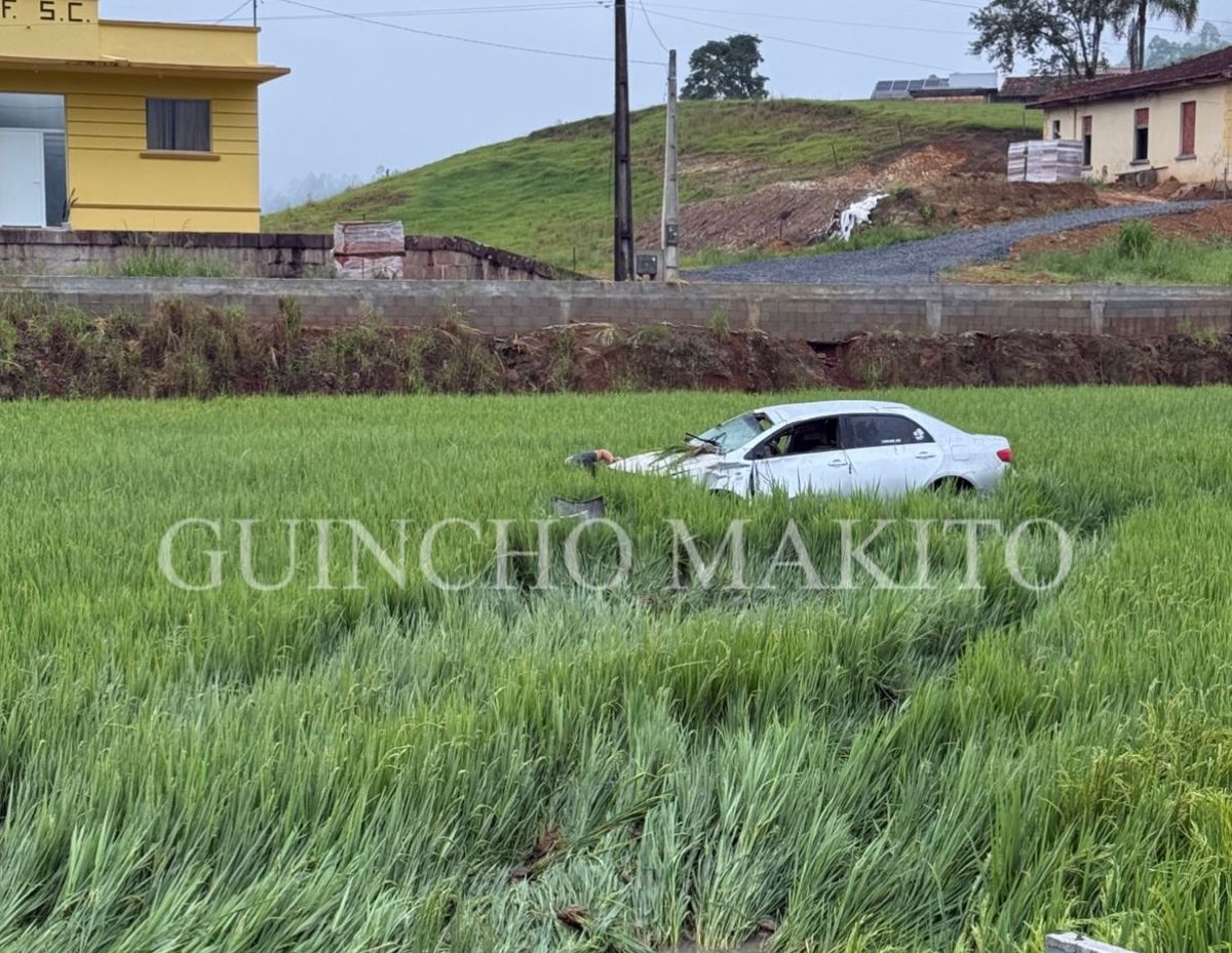 Carro sai da pista e cai em arrozeira em Agronômica