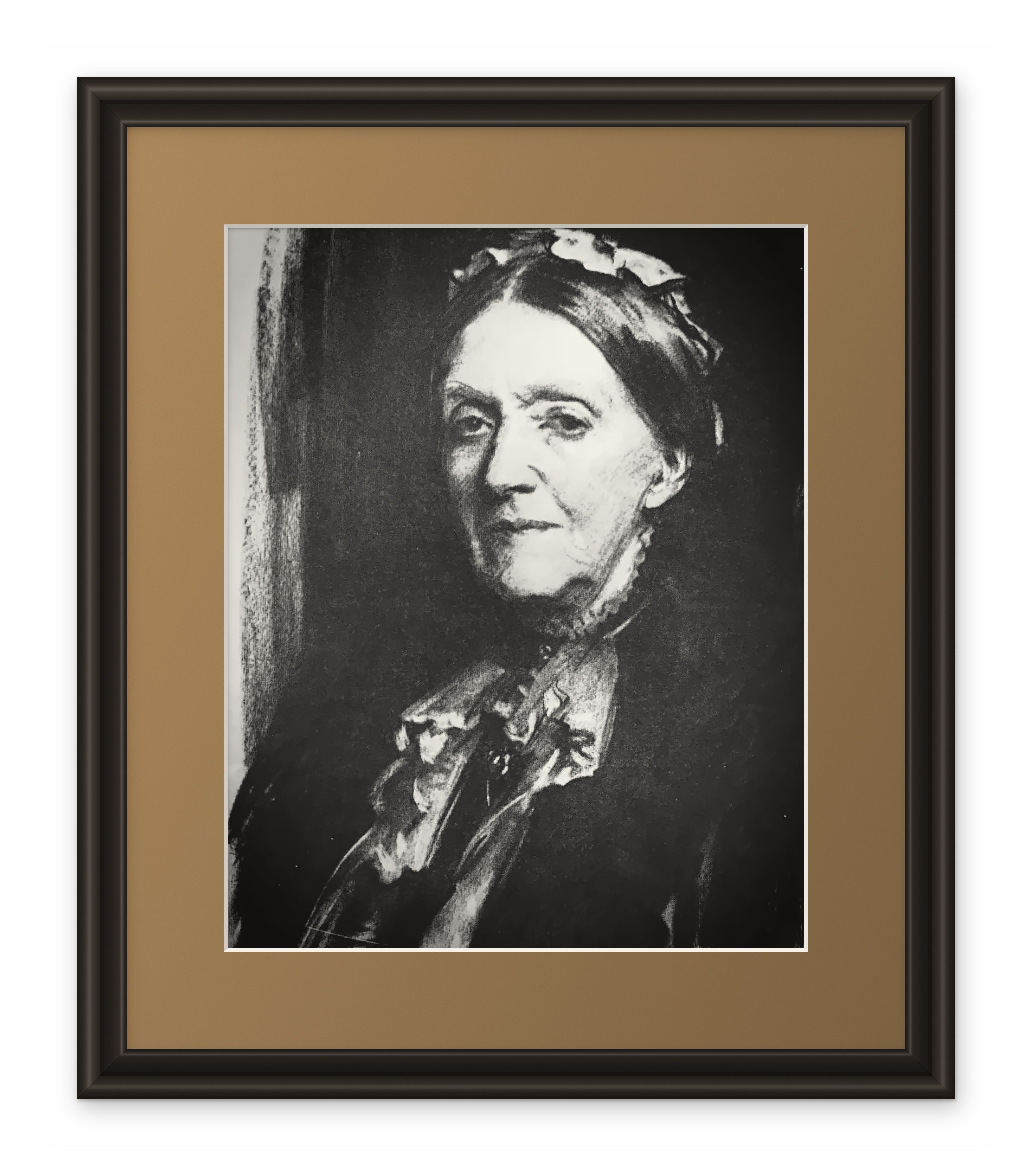 Framed charcoal portrait of a woman wearing a bonnet