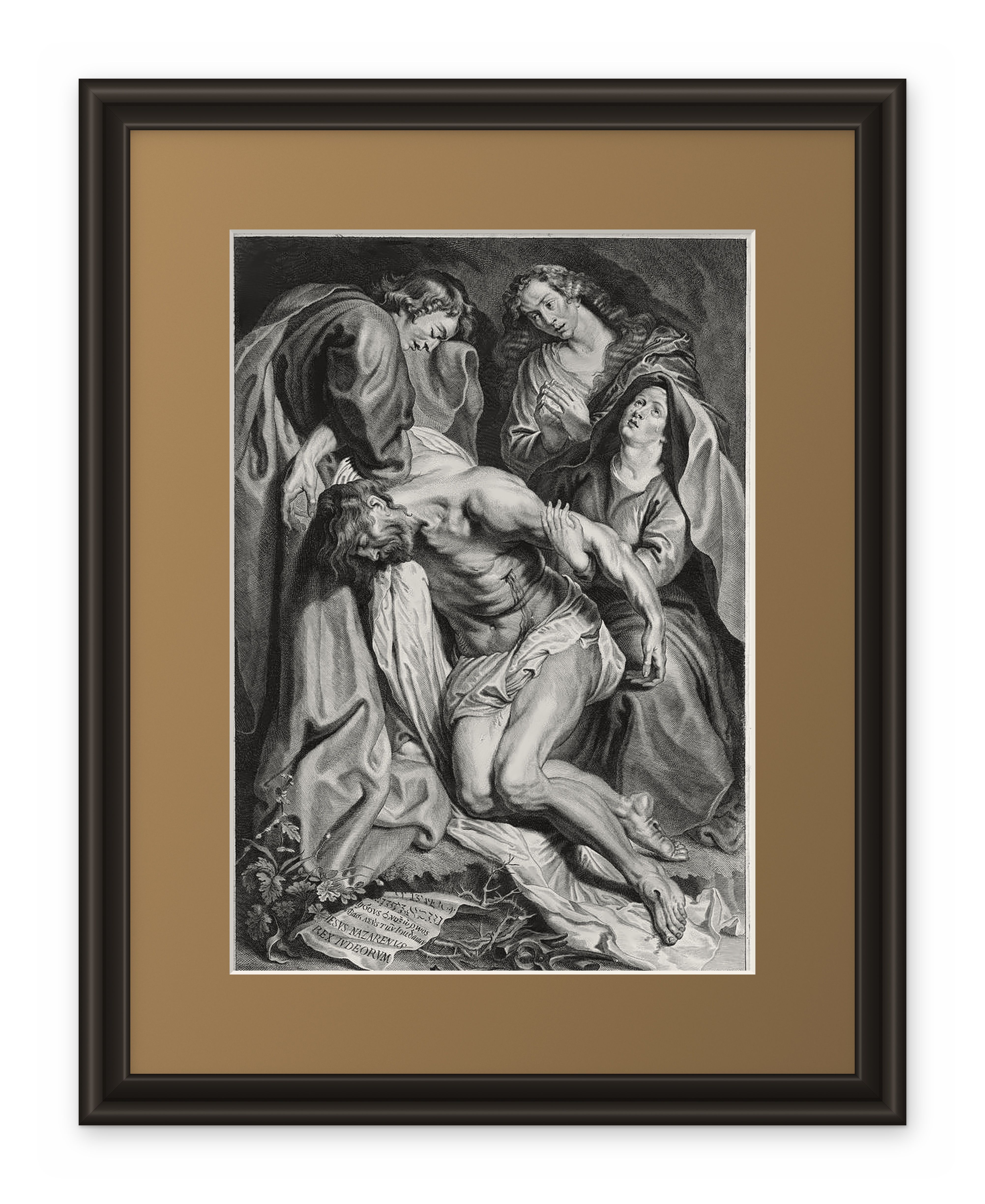 Framed classical figure composition with draped clothing
