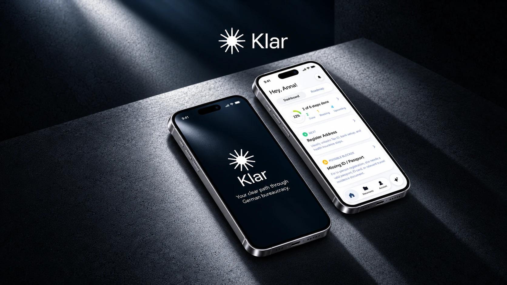 Klar app displayed on two phones against a charcoal backdrop