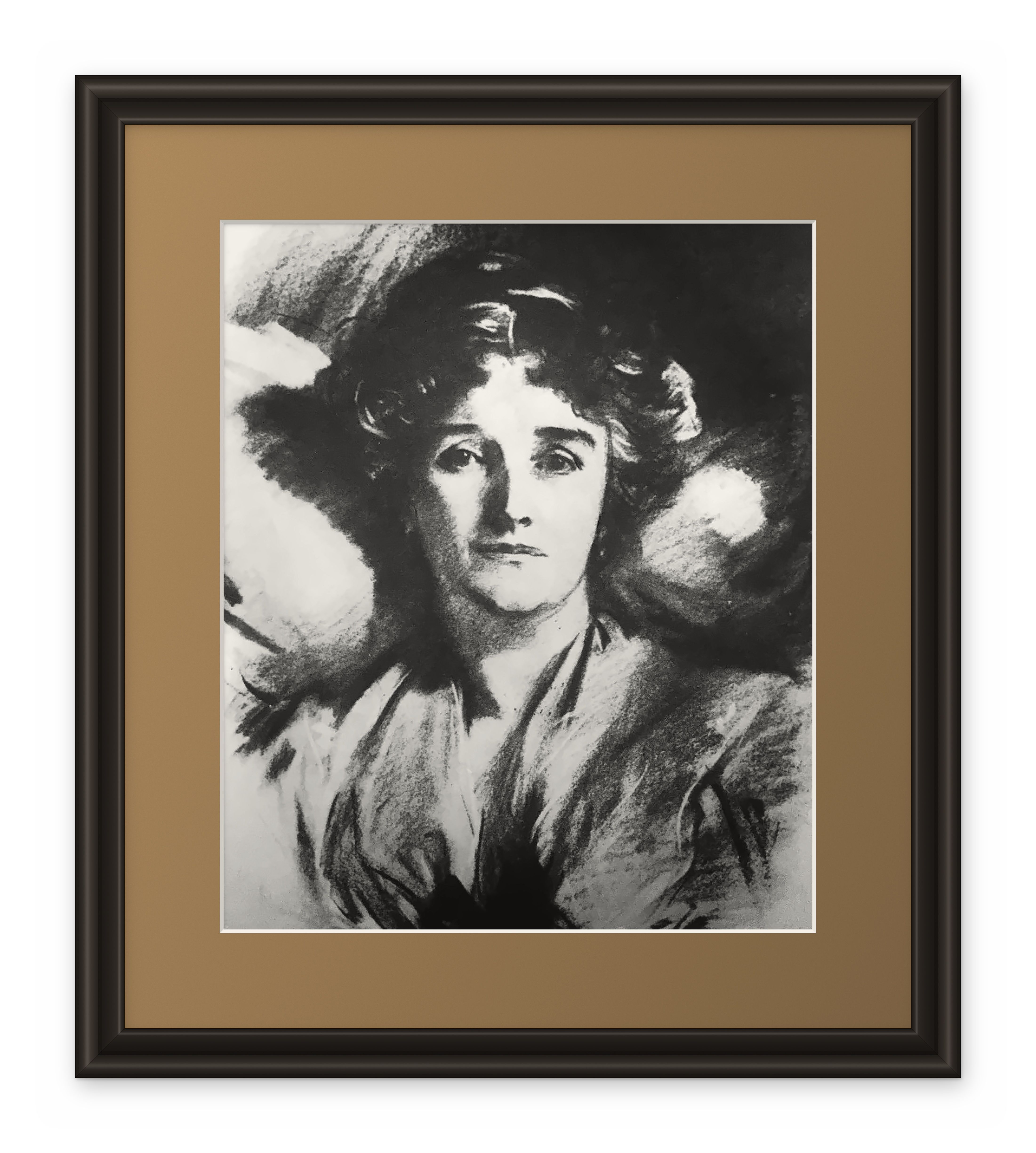 Framed charcoal portrait of a woman