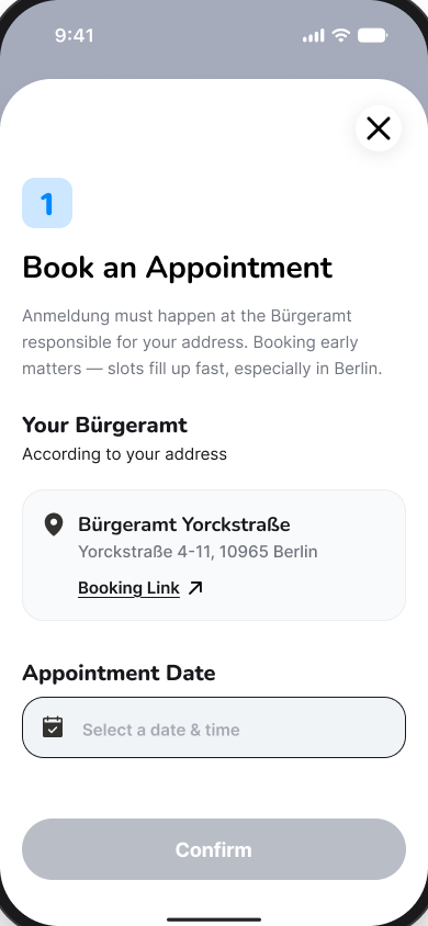 Original Klar Book an Appointment screen