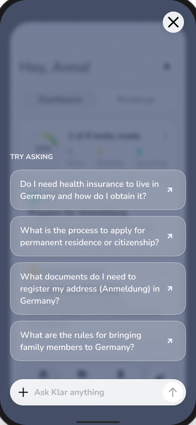 Original Klar Try asking screen