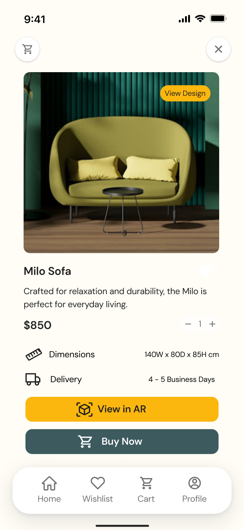 Original Mobilia Product details screen