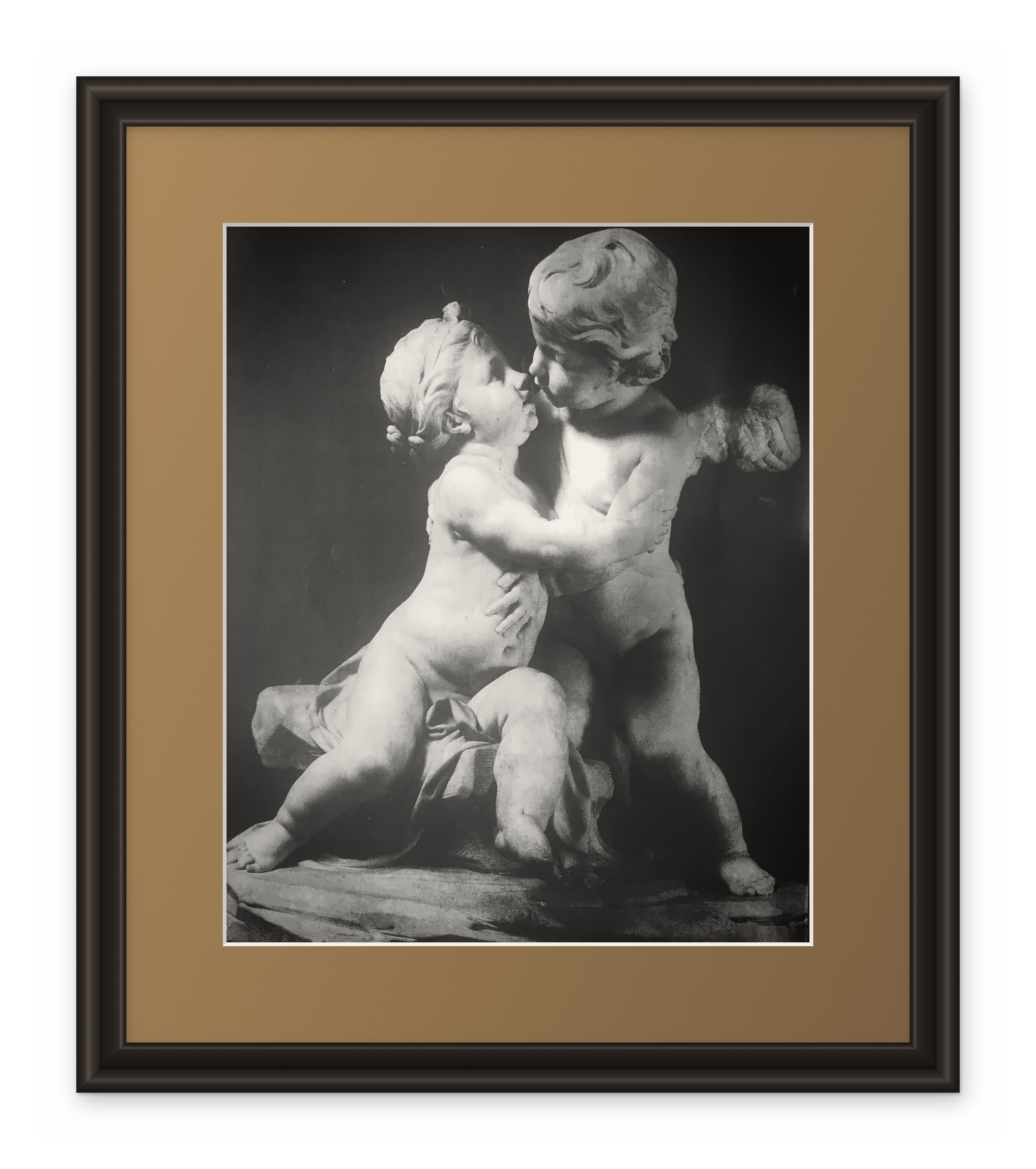 Framed drawing of two embracing cherubs