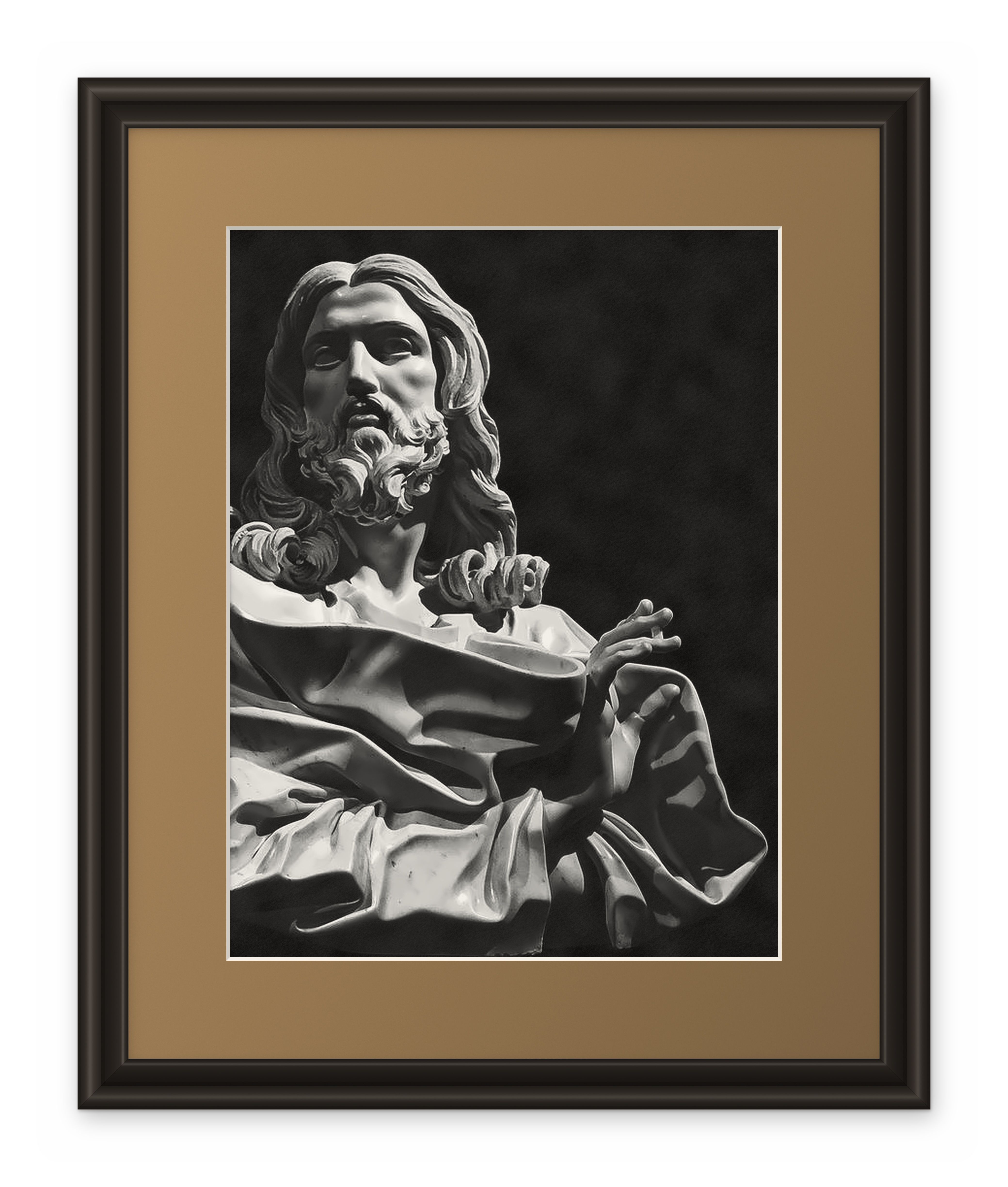 Framed charcoal drawing of a bearded figure with draped clothing