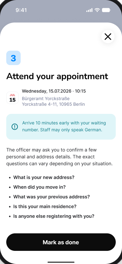 Original Klar Attend your appointment screen