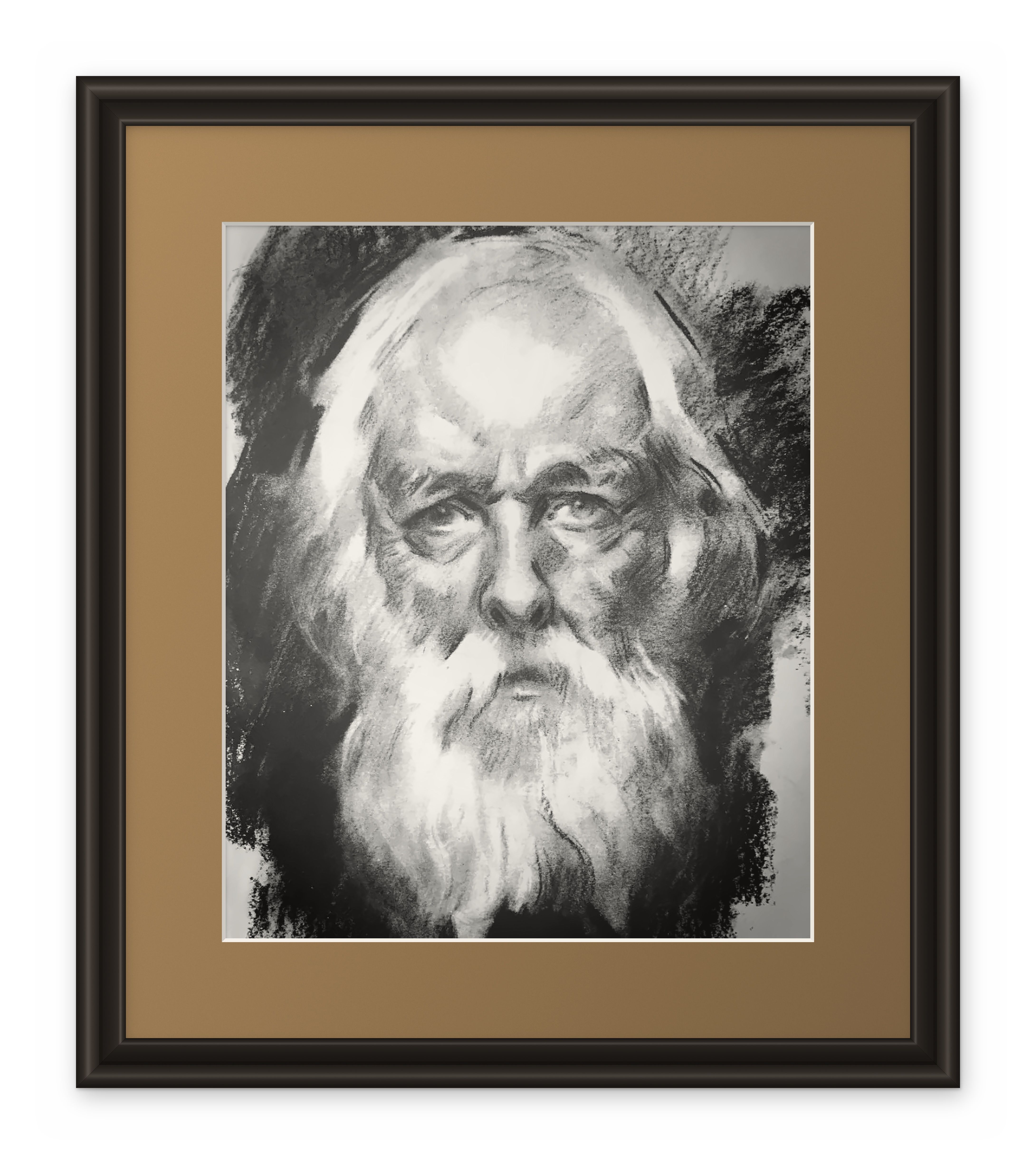 Framed charcoal portrait of an elderly bearded man