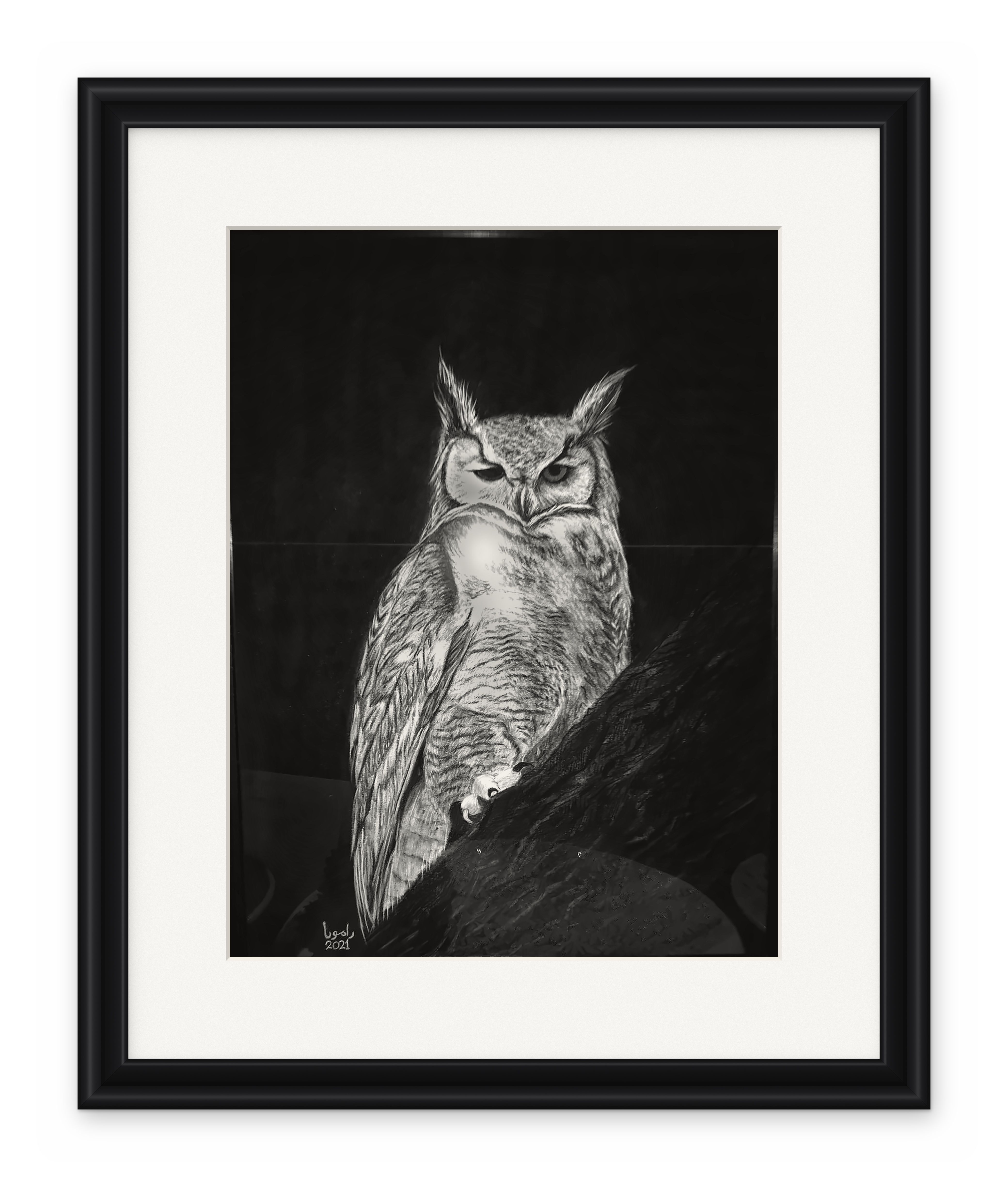 Framed owl drawing perched on a branch