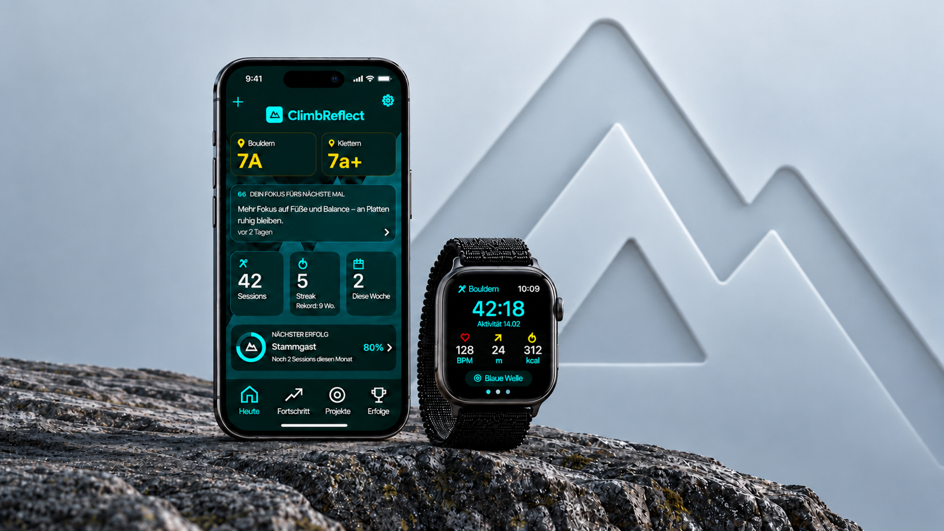 Climb Reflect on an iPhone with an Apple Watch beside it and a mountain emblem behind
