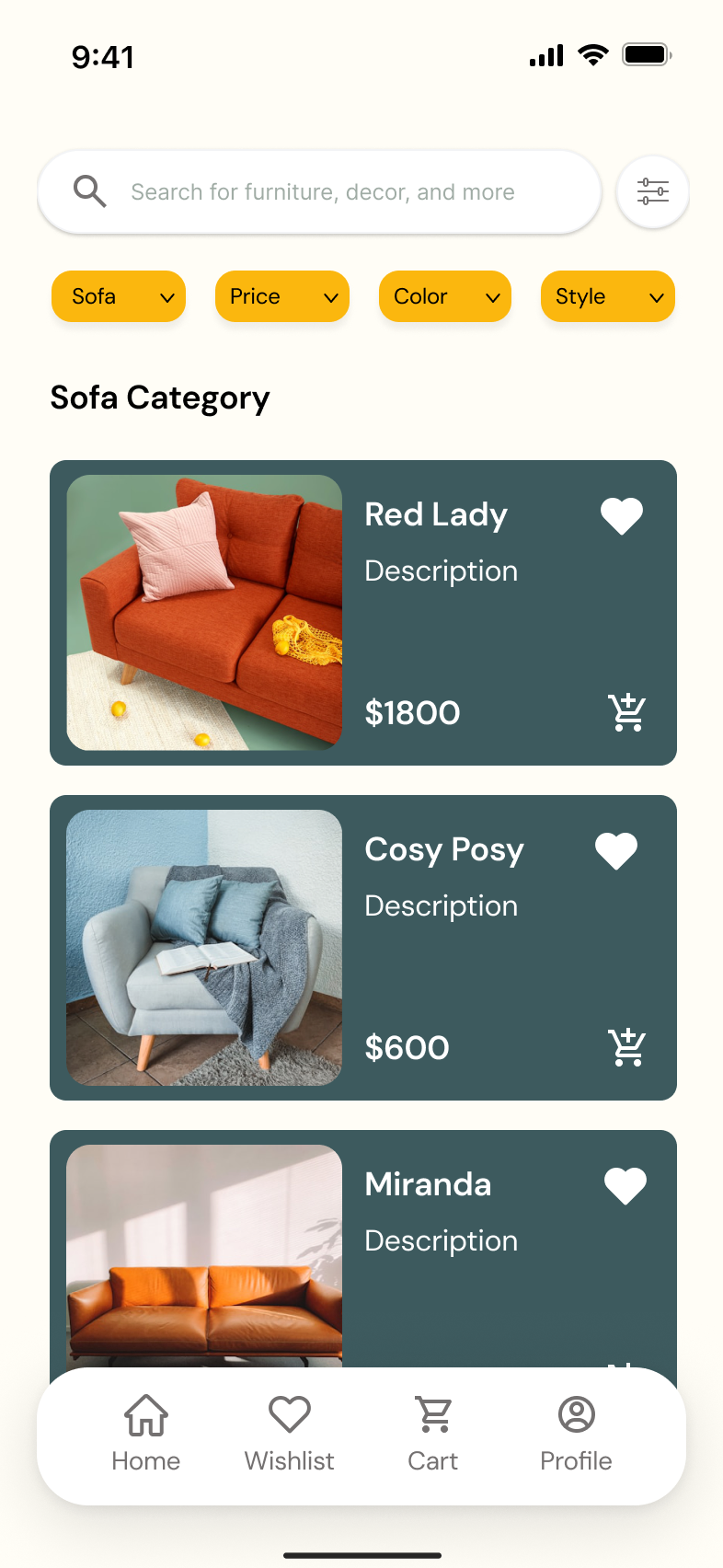 Original Mobilia Product list screen