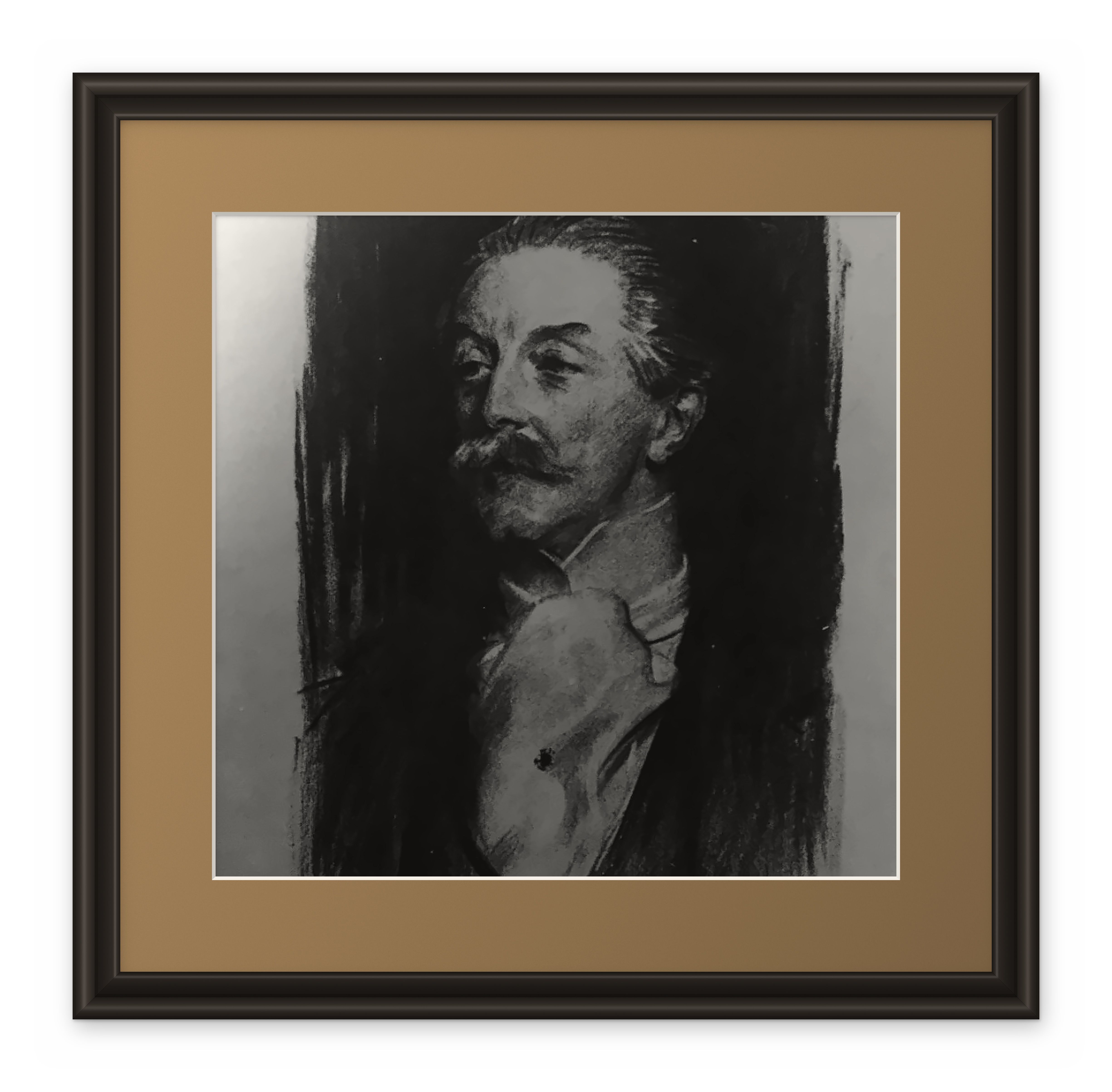 Framed charcoal portrait of a man with a moustache