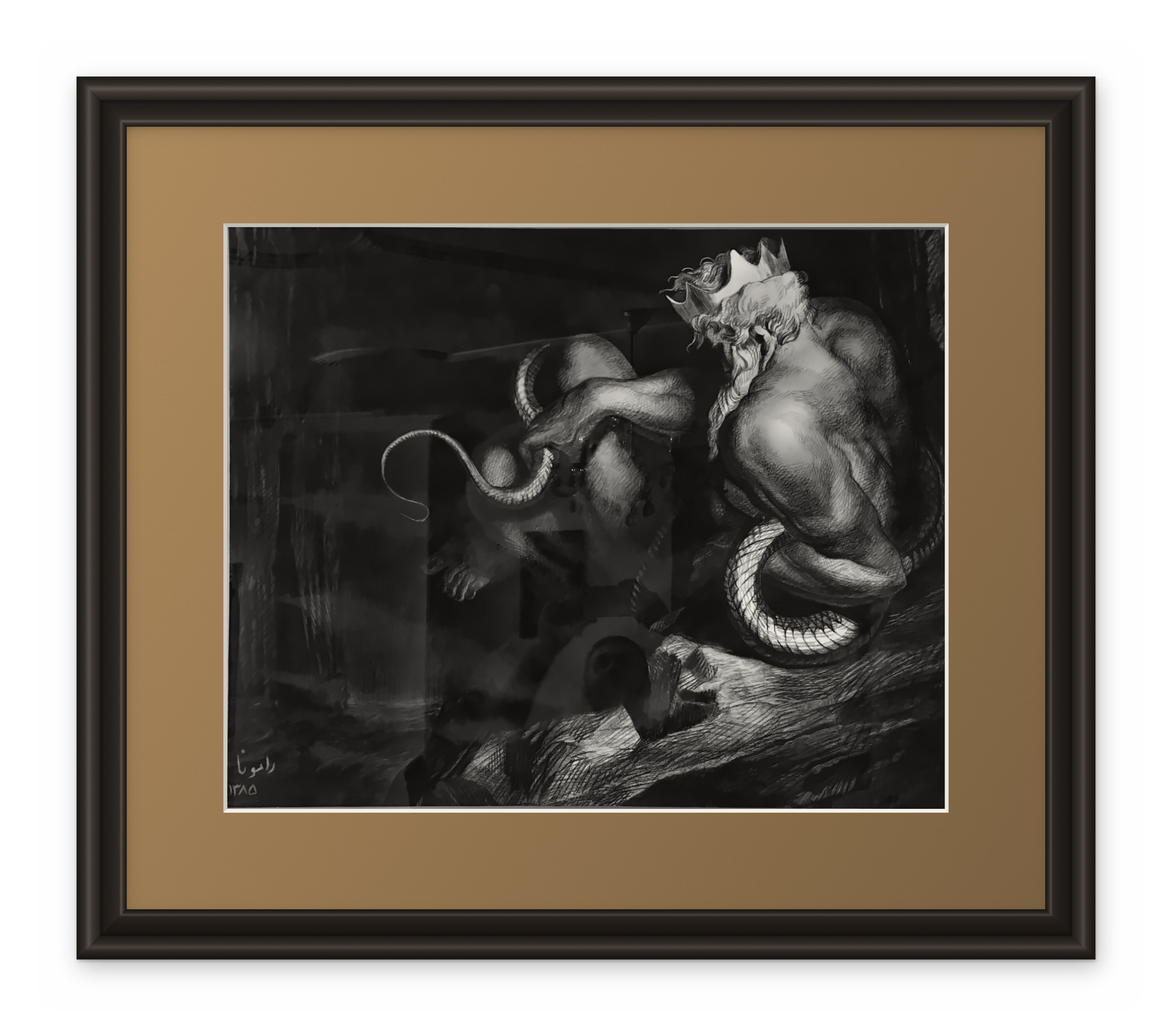 Framed charcoal drawing of a seated mythological figure