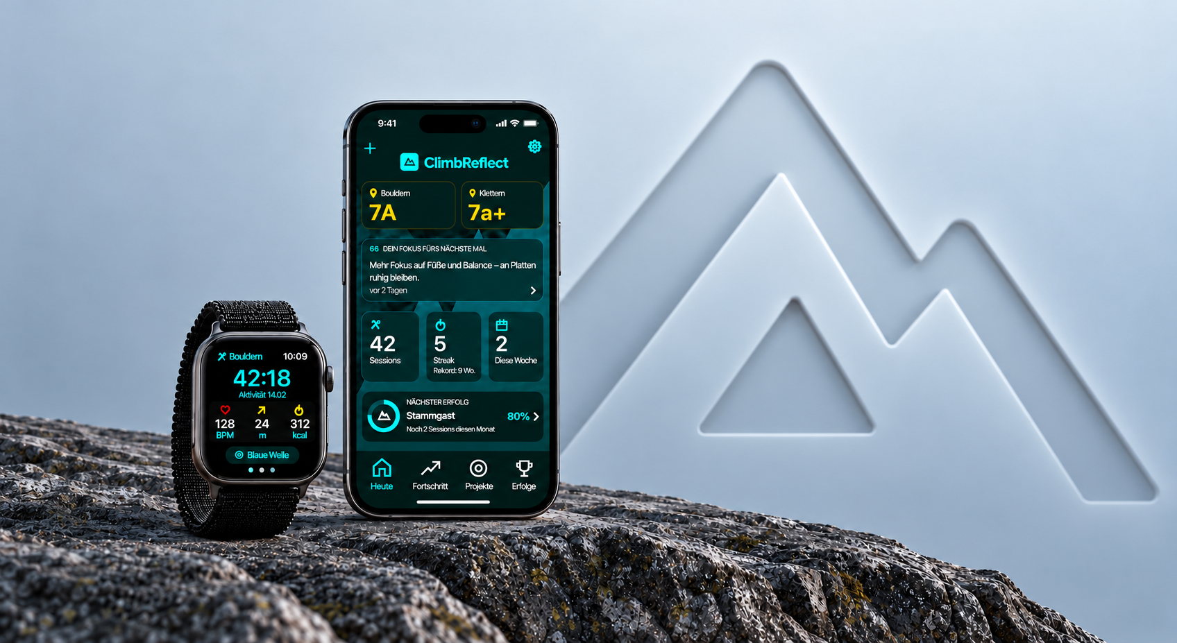 Climb Reflect on an iPhone and Apple Watch beneath an embossed mountain emblem