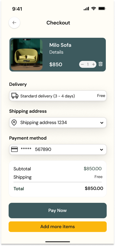 Original Mobilia Checkout screen