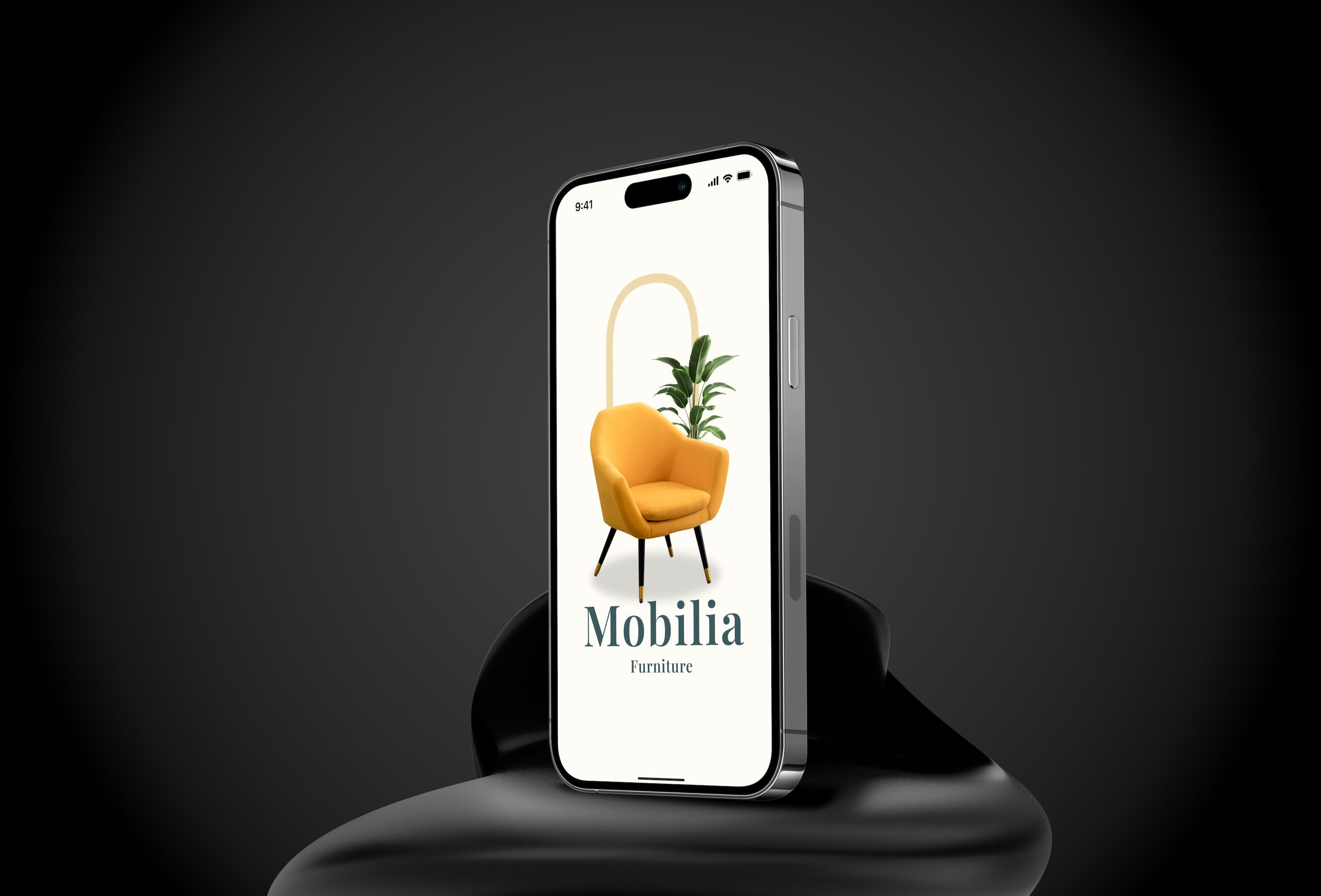 Mobilia augmented reality furniture shopping app shown on a phone