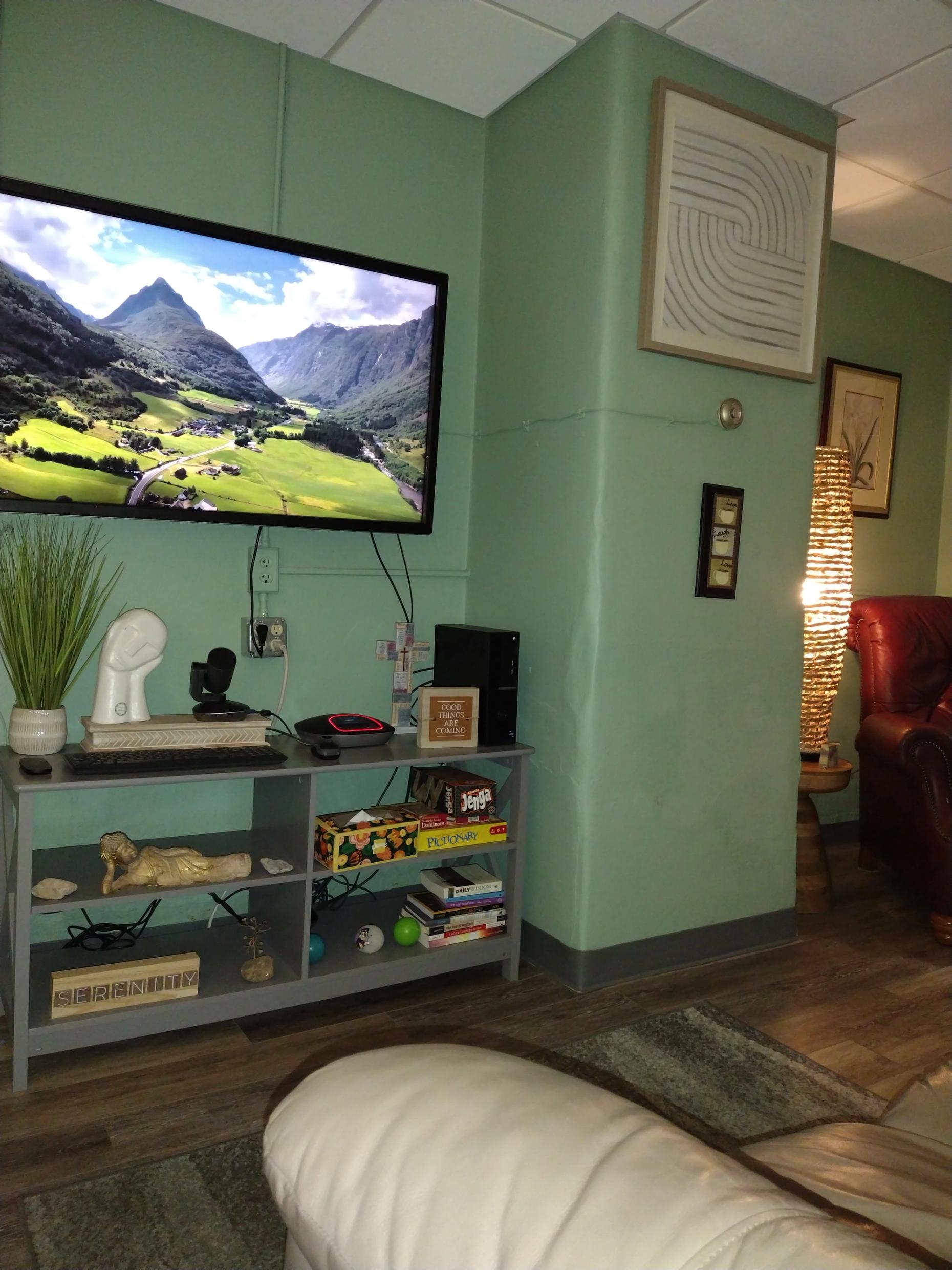 Telehealth Console with TV screen shelfs and couch