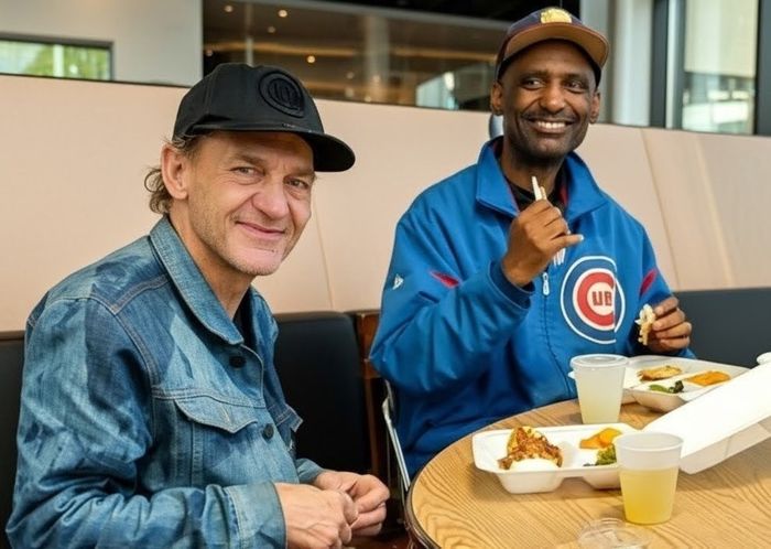 Two St. Peter's Kitchen guests at a table eating lunch.
