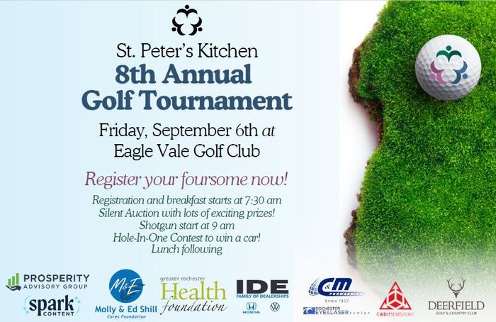 A postcard saying that the 8th Annual Golf Tournament will be on Friday, September 6th at Eagle Vale Golf Club. Registration and breakfast start at 7:30am, there's a shotgun start at 9am, and there will be a silent auction, a hole-in-one-contest to win a car, and lunch after the golf.