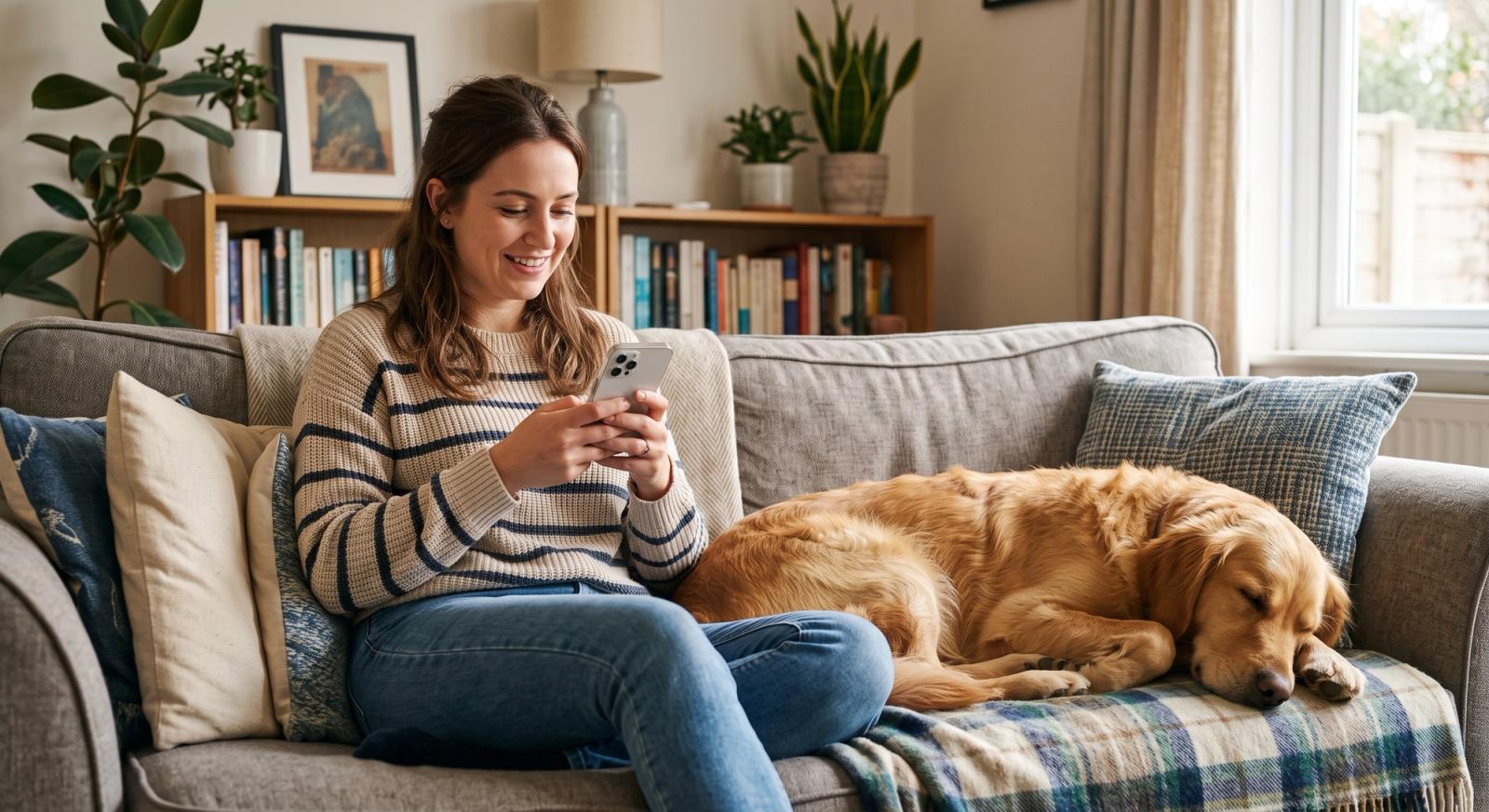 Tutor usando o celular ao lado de um cachorro deitado no sofá
