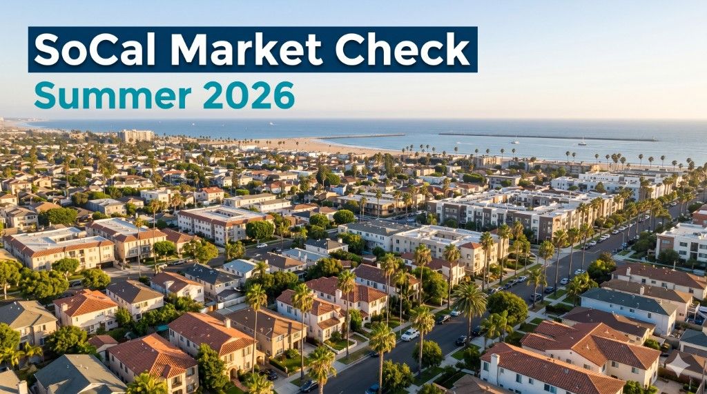 Aerial view of a Southern California coastal community with text overlay reading SoCal Market Check Summer 2026