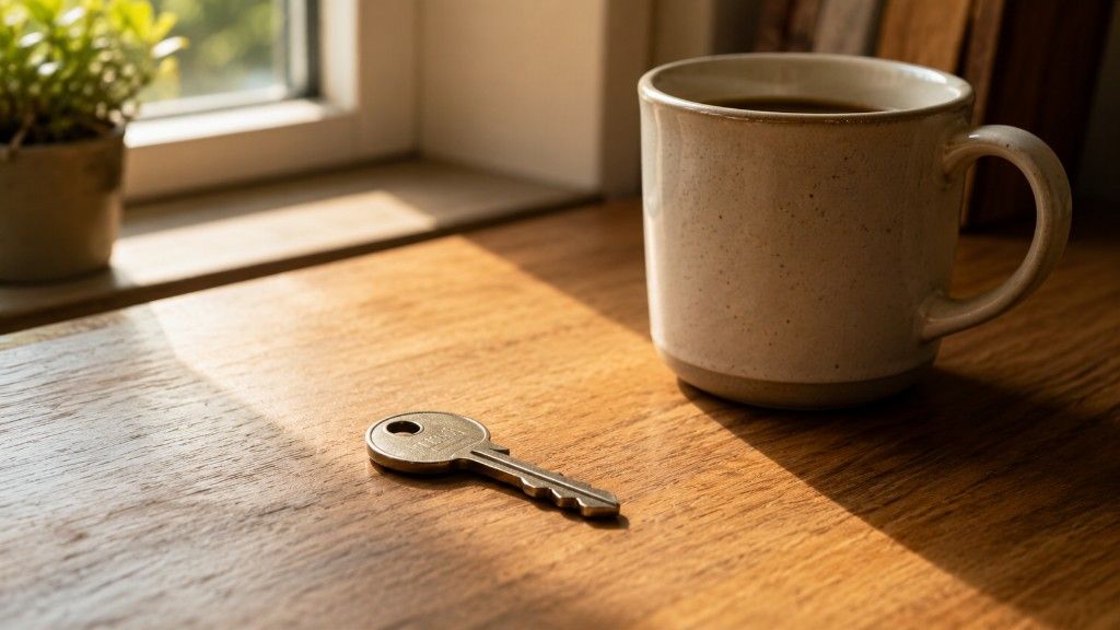 A house key on a table representing the moment a long-considering first-time buyer finally decides to purchase