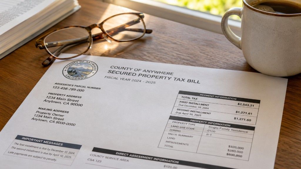 California property tax bill on a desk representing what new homeowners need to know about property taxes