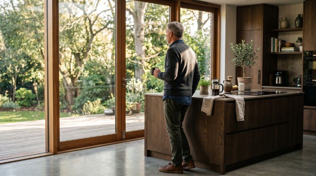 A man in his fifties standing at a kitchen island in his home, representing borrowers who qualify using accumulated assets rather than employment income