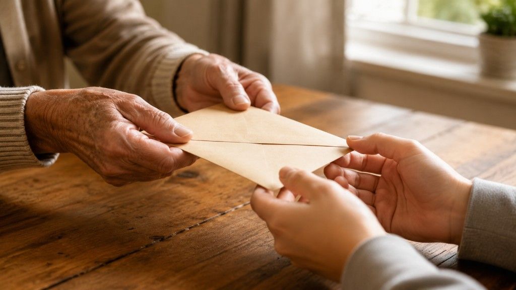 Hands passing an envelope representing family gift funds for a home down payment