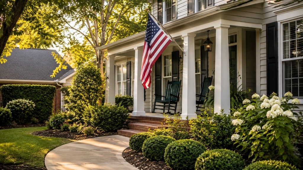An American flag on the porch of a suburban home representing VA loan homebuying