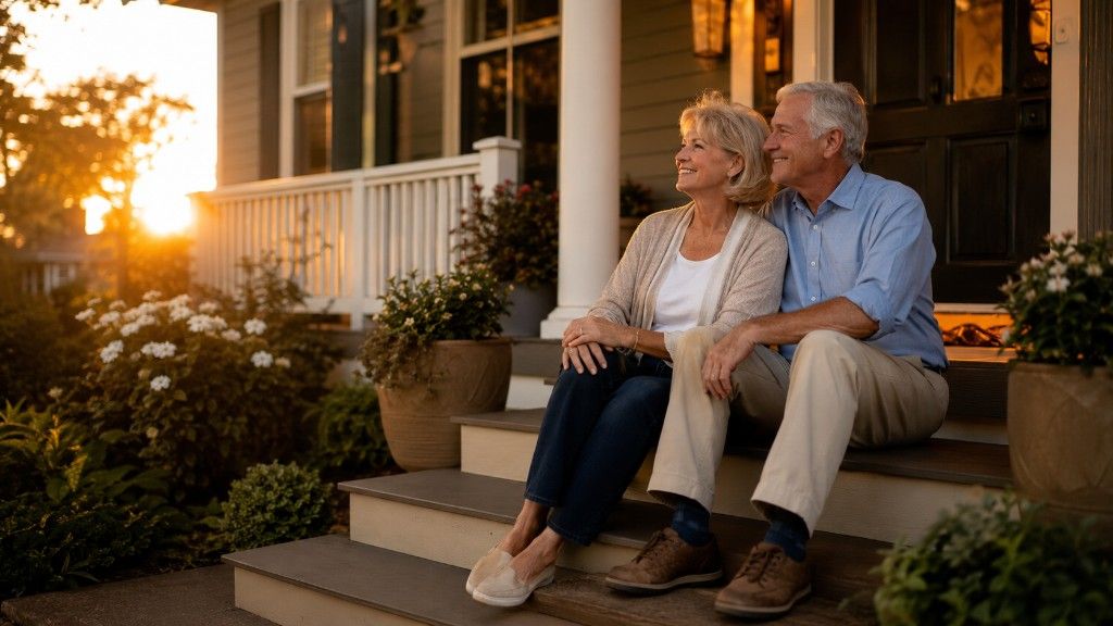 Older couple on the porch of their home representing reverse mortgage options for seniors