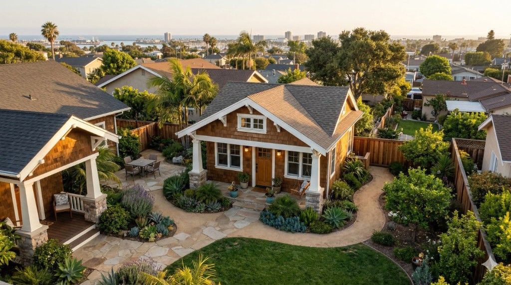 Aerial view of a backyard ADU guest house in Southern California