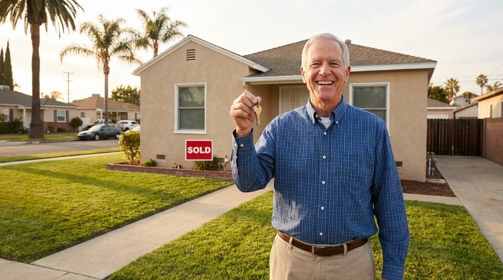 Veteran homeowner holding keys in front of home with sold sign