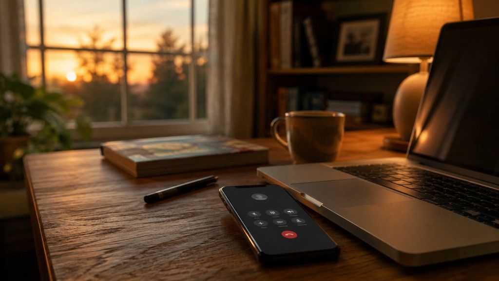A home desk with a smartphone displaying an active call in warm evening light, representing outside-business-hours availability