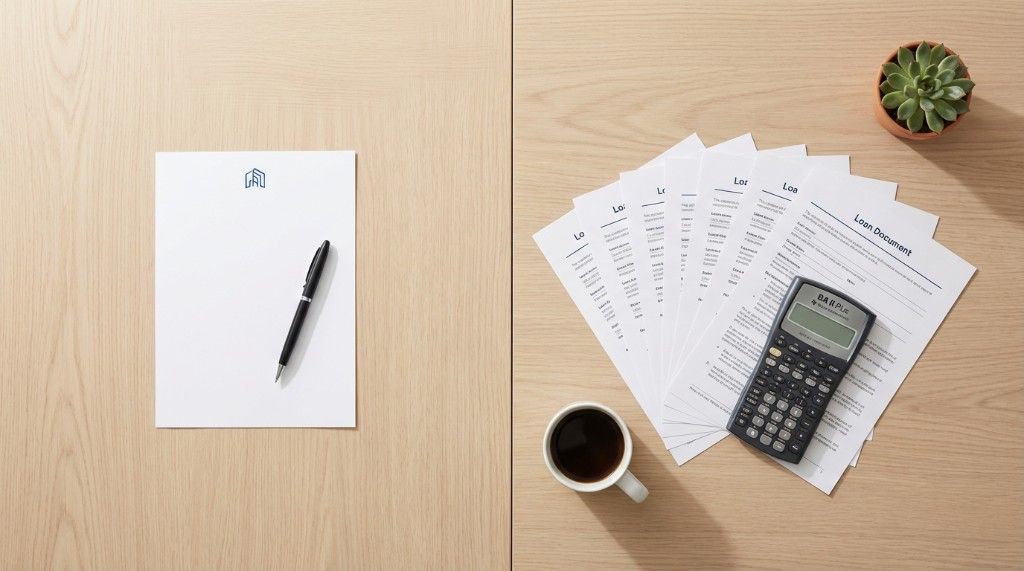 Mortgage broker comparing loan documents from multiple lenders on a desk