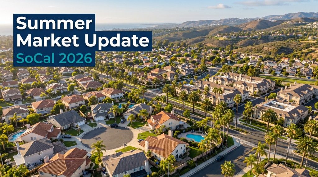 Aerial view of a Southern California neighborhood with text overlay reading Summer Market Update SoCal 2026