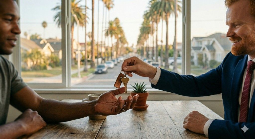 House key handoff with Long Beach neighborhood visible in background